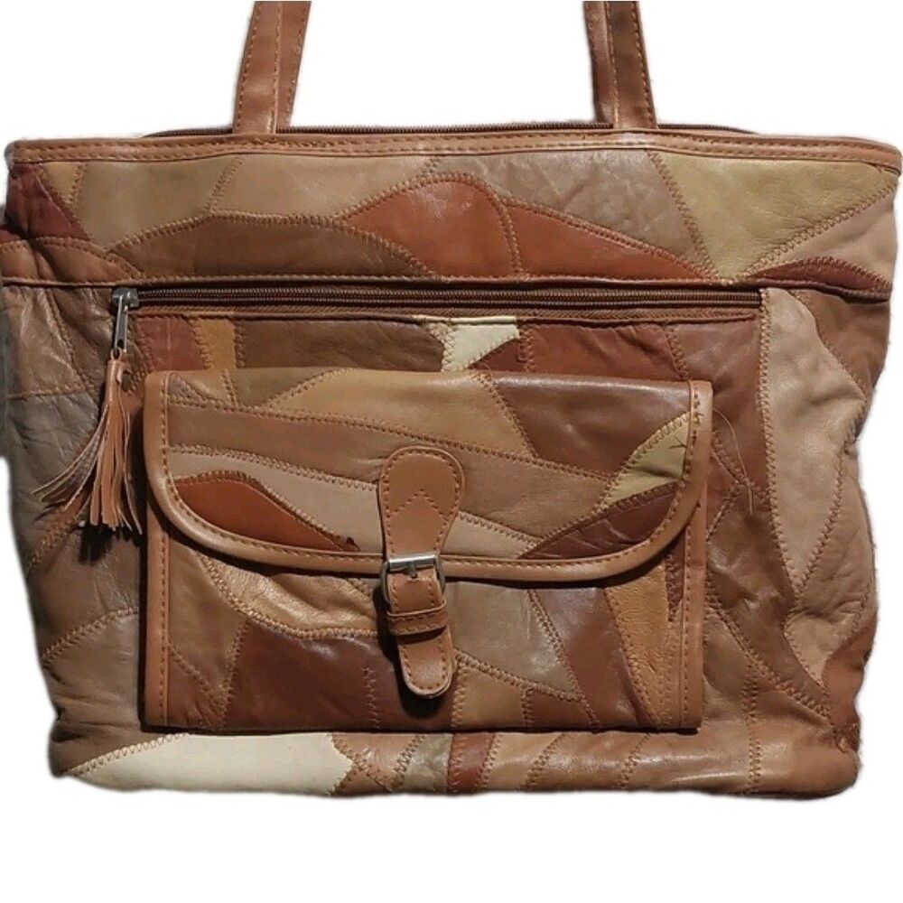 Tawny Brown Patchwork Handbag Leather Pocketbook 11"L x 9"H x 3.5"W